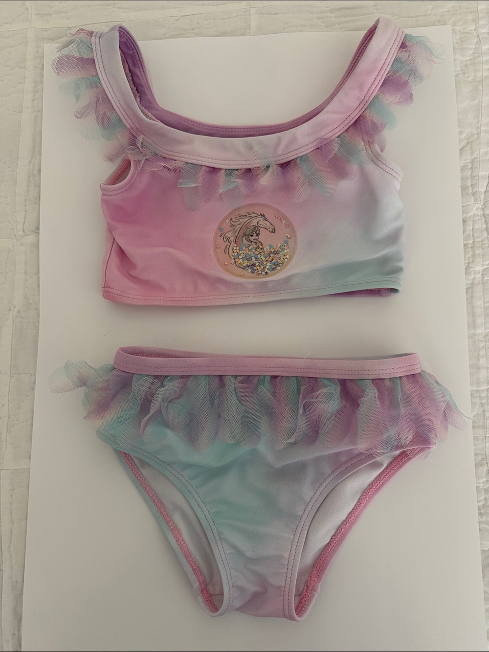 Girls Two-Piece Unicorn Ruffle Swimsuit in Pastel Pink & Blue, lilac